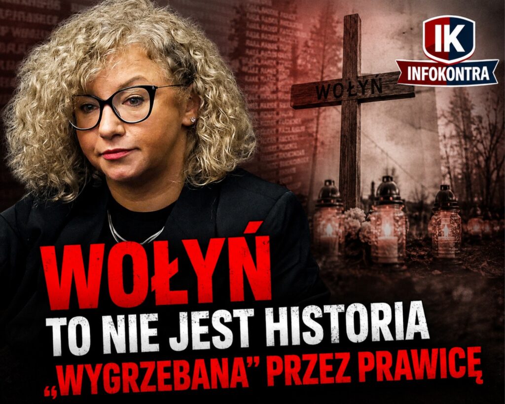Katarzyna Kotula na tle symbolicznego miejsca pamięci ofiar Wołynia